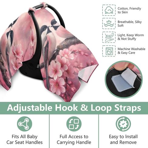 Blossoms Birds Pattern Baby Car Seat Cover Stroller Canopy | Muslin-like Cotton Blend, Breathable, Multi-use, Newborn Essentials Must Haves, Fits Most Strollers, for Babies Boys Girls in Kuwait