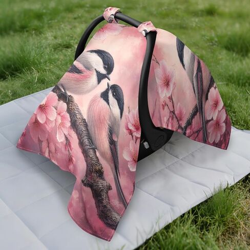 Blossoms Birds Pattern Baby Car Seat Cover Stroller Canopy | Muslin-like Cotton Blend, Breathable, Multi-use, Newborn Essentials Must Haves, Fits Most Strollers, for Babies Boys Girls in Kuwait