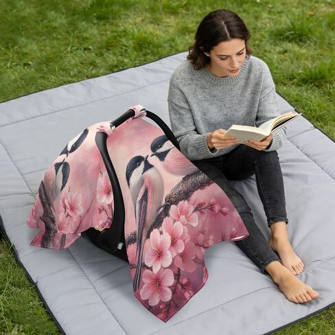 Blossoms Birds Pattern Baby Car Seat Cover Stroller Canopy | Muslin-like Cotton Blend, Breathable, Multi-use, Newborn Essentials Must Haves, Fits Most Strollers, for Babies Boys Girls in Kuwait