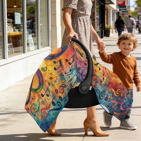 Music Notes Print Baby Car Seat Cover Stroller Canopy | Muslin-like Cotton Blend, Breathable, Multi-use, Newborn Essentials Must Haves, Fits Most Strollers, for Babies Boys Girls in Kuwait
