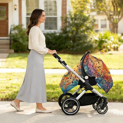 Music Notes Print Baby Car Seat Cover Stroller Canopy | Muslin-like Cotton Blend, Breathable, Multi-use, Newborn Essentials Must Haves, Fits Most Strollers, for Babies Boys Girls in Kuwait