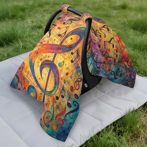 Music Notes Print Baby Car Seat Cover Stroller Canopy | Muslin-like Cotton Blend, Breathable, Multi-use, Newborn Essentials Must Haves, Fits Most Strollers, for Babies Boys Girls in Kuwait