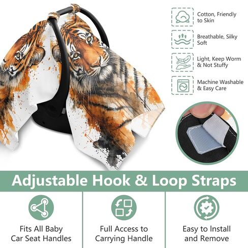 Tiger Head Pattern Baby Car Seat Cover Stroller Shade | Muslin-like Cotton Blend, Breathable, Multi-use, Newborn Essentials Must Haves, Fits Most Strollers, for Babies Boys Girls in Kuwait