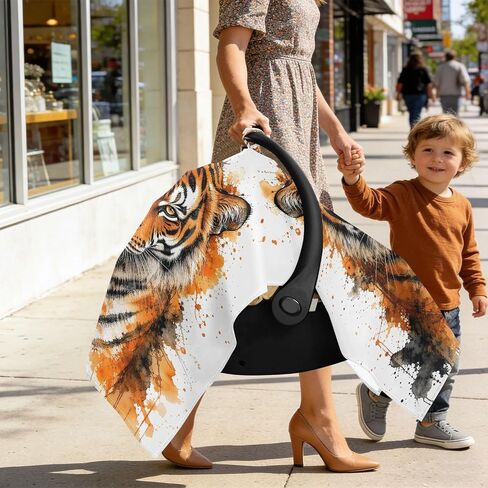 Tiger Head Pattern Baby Car Seat Cover Stroller Shade | Muslin-like Cotton Blend, Breathable, Multi-use, Newborn Essentials Must Haves, Fits Most Strollers, for Babies Boys Girls in Kuwait