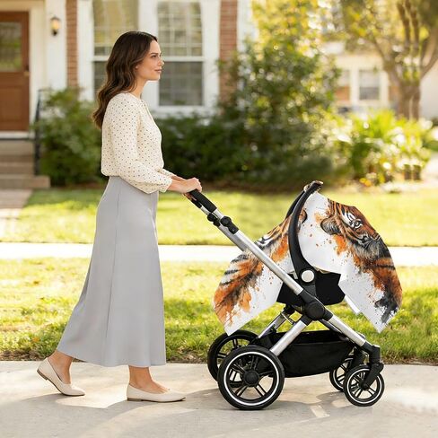 Tiger Head Pattern Baby Car Seat Cover Stroller Shade | Muslin-like Cotton Blend, Breathable, Multi-use, Newborn Essentials Must Haves, Fits Most Strollers, for Babies Boys Girls in Kuwait