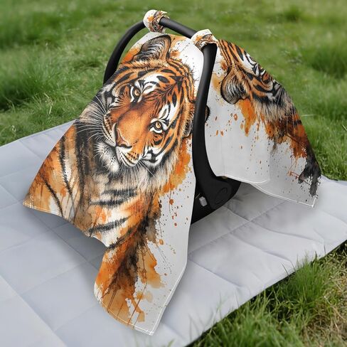 Tiger Head Pattern Baby Car Seat Cover Stroller Shade | Muslin-like Cotton Blend, Breathable, Multi-use, Newborn Essentials Must Haves, Fits Most Strollers, for Babies Boys Girls in Kuwait
