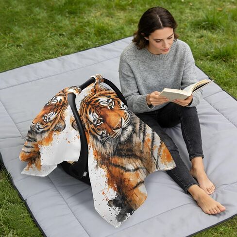 Tiger Head Pattern Baby Car Seat Cover Stroller Shade | Muslin-like Cotton Blend, Breathable, Multi-use, Newborn Essentials Must Haves, Fits Most Strollers, for Babies Boys Girls in Kuwait