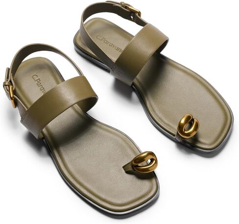 C.Paravano Genuine Leather Sandals for Women Toe Loop Sandals Sumemr Slides Comfrtable Dressy Flats in Kuwait