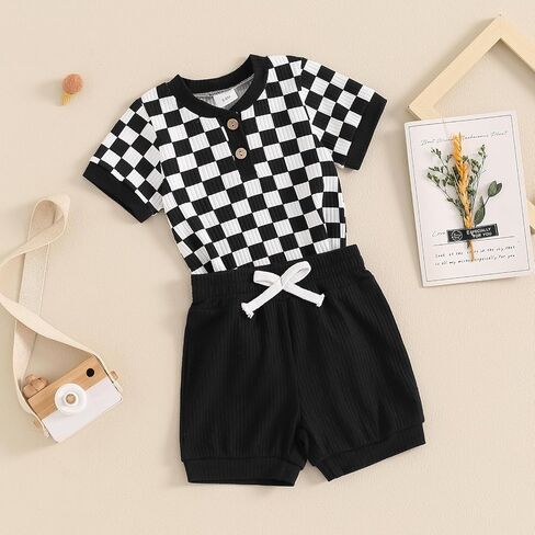 MA&BABY Newborn Baby Boy Girl Clothes 3 6 9 12 18 Months Ribbed Knit Short Sleeve Romper Shorts Set Infant Summer Outfits (Checkered- Black, 9-12 Months) in Kuwait