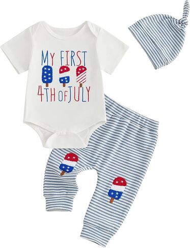 Baby Boys My First 4th of July Outfits Short Sleeve Waffle Rompers Long Pants Hat 3Pcs Clothes Set in Kuwait