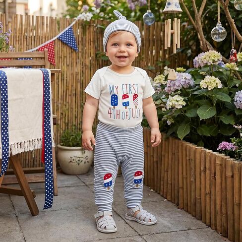 Baby Boys My First 4th of July Outfits Short Sleeve Waffle Rompers Long Pants Hat 3Pcs Clothes Set in Kuwait