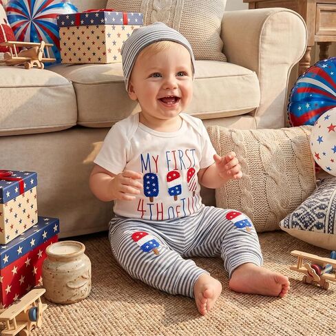 Baby Boys My First 4th of July Outfits Short Sleeve Waffle Rompers Long Pants Hat 3Pcs Clothes Set in Kuwait