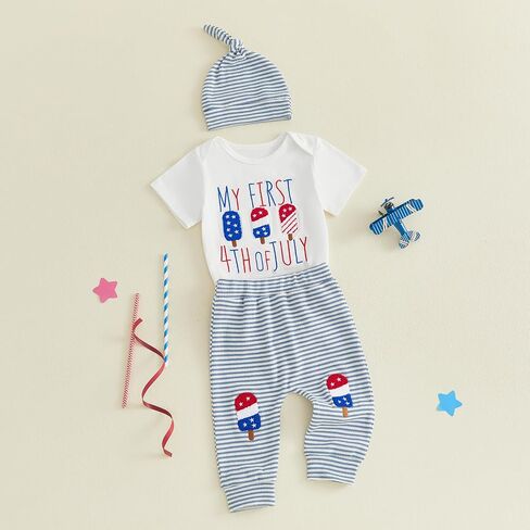 Baby Boys My First 4th of July Outfits Short Sleeve Waffle Rompers Long Pants Hat 3Pcs Clothes Set in Kuwait