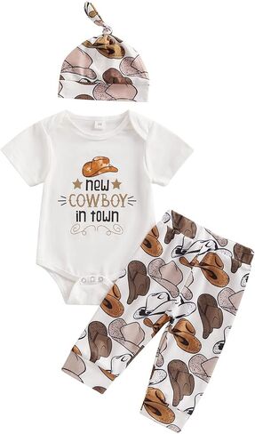 Western Newborn Baby Boy Cowboy Outfit Boots/Hat/Cow Print Romper Bodysuit+Long Pants +Cap 3Pcs Summer Clothes Set in Saudi Arabia
