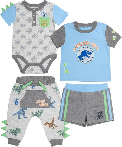 Jurassic Baby Boys 4 Piece Clothing Set | One-Piece Bodysuit, Gel Overlay Shorts, Short Sleeve T-Shirt, Jogging Pants in Kuwait