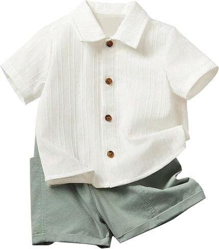 Baby Boys 2 Piece Textured Lapel Button Shirt and Shorts Set 6M-3Y | Short Sleeve, Solid, Toddler Infant Casual Summer Clothes Sets in Kuwait