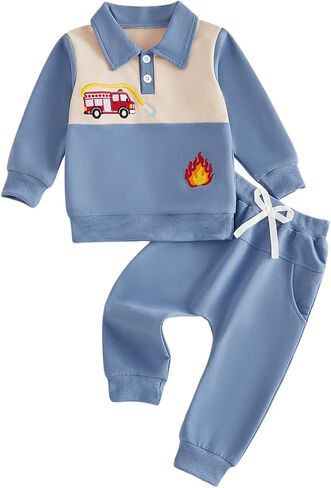 Baby Boy Fall Clothes Toddler Winter Outfits Long Sleeve Contrast Lapel Truck Embroidery Sweatshirt + Pants Sets in Kuwait