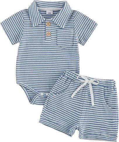 Kavousa Newborn Baby Boy Summer Clothes Short Sleeve Top and Stripe Shorts Set 2 Piece Baby Boy Summer Waffle Outfit in Kuwait