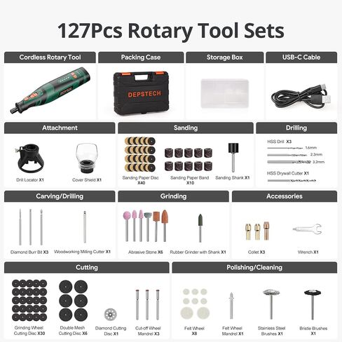 DEPSTECH Cordless Rotary Tool Kit, 8V 2.0Ah Rechargeable Battery, 30000RPM | 127Pcs Accessories, 5 Variable Speed Power Carving Tools, Shield Attachment, for Sanding Polishing Drilling Cutting DIY Craft in Kuwait