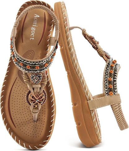 Aomigoct Sandals Women Flat Shoes: Dressy Summer Bohemian Flats Shoes for Women Sandals Comfortable Ankle Strap Outdoor Walking in Kuwait