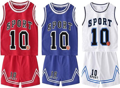 Toddler Kids Sports Shorts Set Baby Boys Girls Basketball Jersey Outfit Tracksuit Tank Top Mesh Track Shorts (3Set(Blue/White/Red), 18 Months) in Kuwait