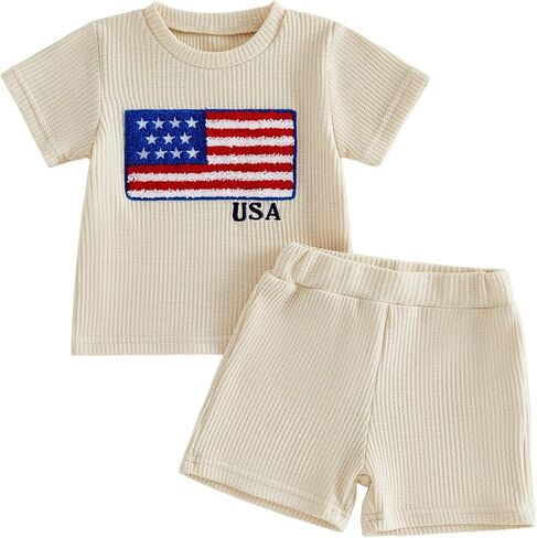 4th of July Toddler Baby Boy Outfit USA Flag Embroidery Short Sleeve Waffle Knit T-Shirt Top and Shorts 2 Piece Set in Kuwait