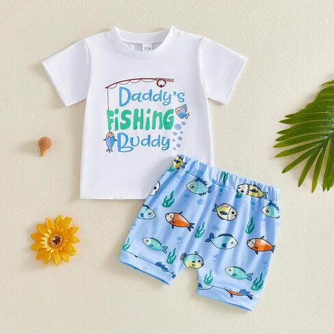 2Pcs Toddler Baby Boy Clothes Daddy's Fishing Buddy Short Sleeve T-Shirt Tops Shorts Pants Set Summer Outfits in Kuwait