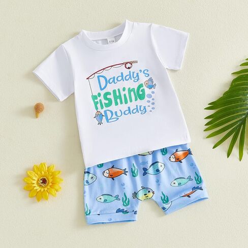 2Pcs Toddler Baby Boy Clothes Daddy's Fishing Buddy Short Sleeve T-Shirt Tops Shorts Pants Set Summer Outfits in Kuwait