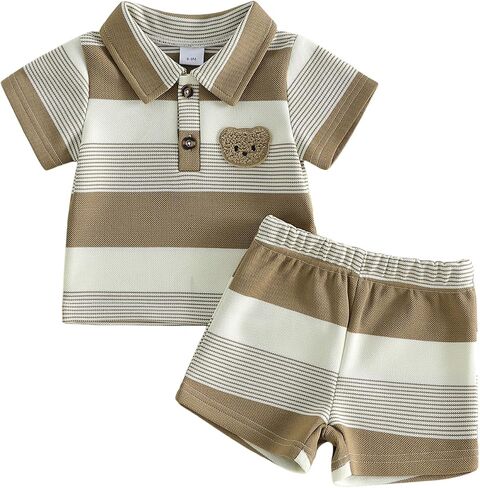 Baby Boy Summer Outfits Clothes Bear Embroidery Striped Lapel T-Shirt Top Elastic Shorts Toddler Clothing Set in Kuwait