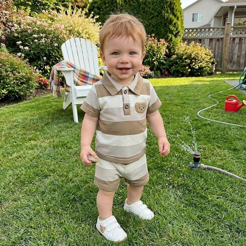 Baby Boy Summer Outfits Clothes Bear Embroidery Striped Lapel T-Shirt Top Elastic Shorts Toddler Clothing Set in Kuwait