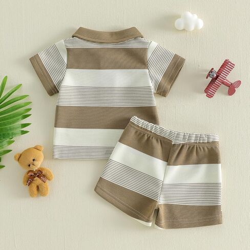Baby Boy Summer Outfits Clothes Bear Embroidery Striped Lapel T-Shirt Top Elastic Shorts Toddler Clothing Set in Kuwait