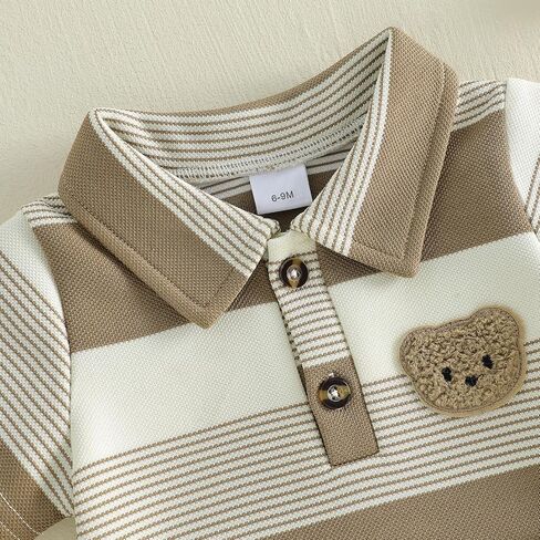 Baby Boy Summer Outfits Clothes Bear Embroidery Striped Lapel T-Shirt Top Elastic Shorts Toddler Clothing Set in Kuwait