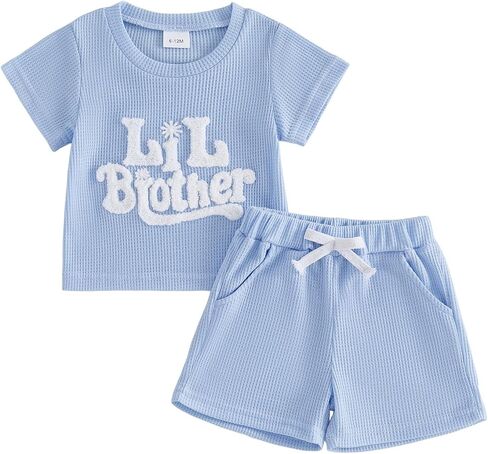 Toddler Infant Baby Boy Clothes Big Brother Little Brother Matching Outfits Waffle T-Shirt Tops + Shorts Summer Set in Kuwait