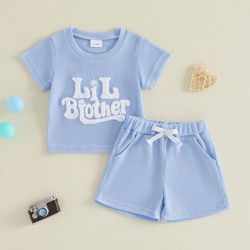 Toddler Infant Baby Boy Clothes Big Brother Little Brother Matching Outfits Waffle T-Shirt Tops + Shorts Summer Set in Kuwait