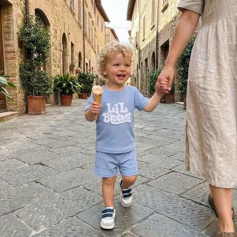 Toddler Infant Baby Boy Clothes Big Brother Little Brother Matching Outfits Waffle T-Shirt Tops + Shorts Summer Set in Kuwait