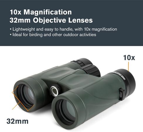 Celestron Nature DX 10x32 Waterproof Birding Binoculars | 32mm Objective Lenses, 10x Magnification, Wide 7.4° Field of View, Phase-Coated BaK-4 Prisms, Fogproof Construction in Kuwait