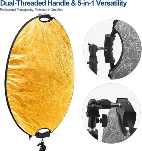 WELLMAKING 32'' Reflector Kit with Tilt Adapter Stand for Studio Outdoor | 80cm 5in1 Light Modifier, Dual 1/4" Handles, Collapsible with Pouch ,High-End Coating Translucent Silver Gold White Black in Kuwait
