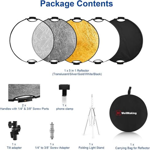 WELLMAKING 32'' Reflector Kit with Tilt Adapter Stand for Studio Outdoor | 80cm 5in1 Light Modifier, Dual 1/4" Handles, Collapsible with Pouch ,High-End Coating Translucent Silver Gold White Black in Kuwait