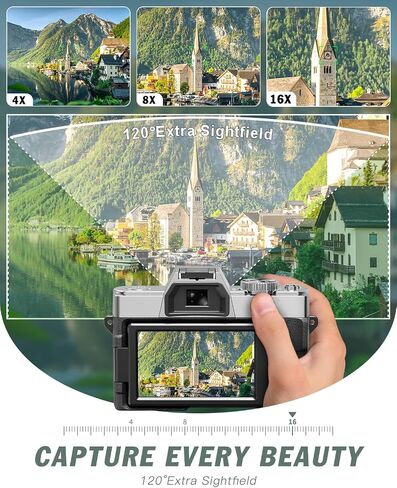 8K Digital Cameras for Photography, 64MP Vlogging Camera with 180°Flip Screen，2 Batteries, 32GB TF Card，16X Zoom, WiFi, 3 Color Filters,Microphone, Tripod, Wide & Macro Lens Kit (Silver) in Kuwait