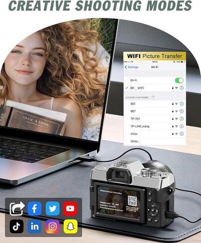 8K Digital Cameras for Photography, 64MP Vlogging Camera with 180°Flip Screen，2 Batteries, 32GB TF Card，16X Zoom, WiFi, 3 Color Filters,Microphone, Tripod, Wide & Macro Lens Kit (Silver) in Kuwait