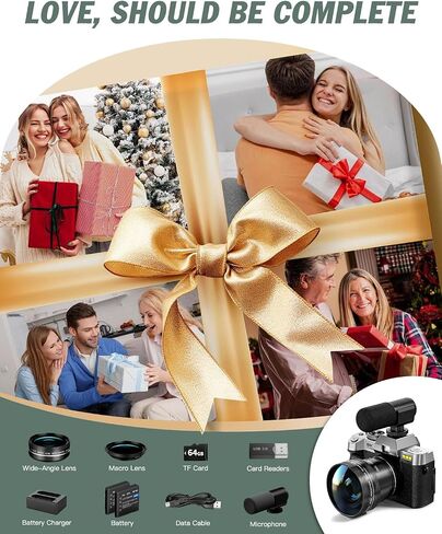 8K Digital Cameras for Photography, 64MP Vlogging Camera with 180°Flip Screen，2 Batteries, 32GB TF Card，16X Zoom, WiFi, 3 Color Filters,Microphone, Tripod, Wide & Macro Lens Kit (Silver) in Kuwait