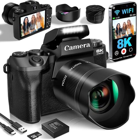 Cameras for Photography, 64MP Dual Lens Vlogging Camera & 32GB Card (Black) | 8K Digital Camera with 4" Touch Screen, LED Fill Light, 3000MAh Battery, Lens Hood, Hot Shoe & 32GB TF Card in Kuwait
