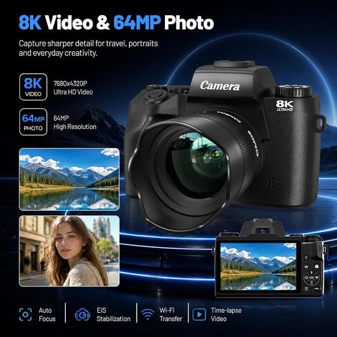 Cameras for Photography, 64MP Dual Lens Vlogging Camera & 32GB Card (Black) | 8K Digital Camera with 4" Touch Screen, LED Fill Light, 3000MAh Battery, Lens Hood, Hot Shoe & 32GB TF Card in Kuwait