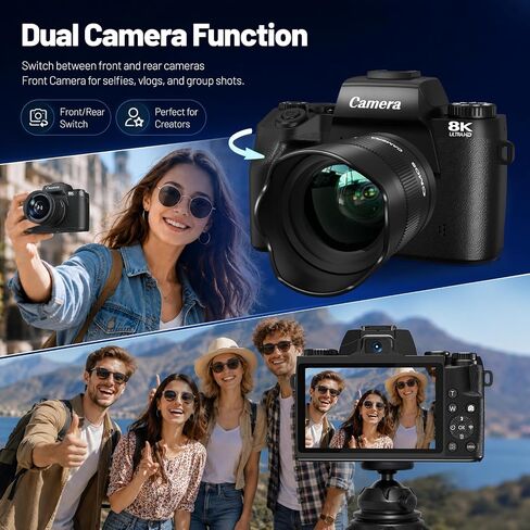 Cameras for Photography, 64MP Dual Lens Vlogging Camera & 32GB Card (Black) | 8K Digital Camera with 4" Touch Screen, LED Fill Light, 3000MAh Battery, Lens Hood, Hot Shoe & 32GB TF Card in Kuwait