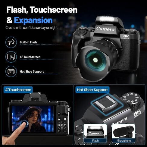 Cameras for Photography, 64MP Dual Lens Vlogging Camera & 32GB Card (Black) | 8K Digital Camera with 4" Touch Screen, LED Fill Light, 3000MAh Battery, Lens Hood, Hot Shoe & 32GB TF Card in Kuwait