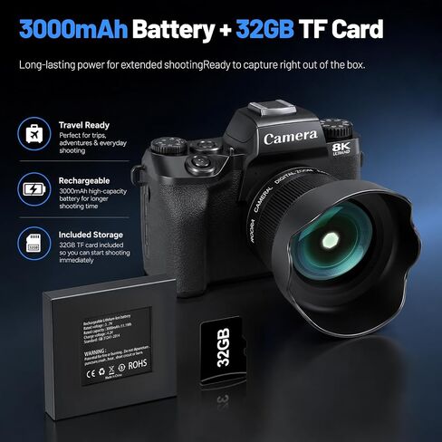 Cameras for Photography, 64MP Dual Lens Vlogging Camera & 32GB Card (Black) | 8K Digital Camera with 4" Touch Screen, LED Fill Light, 3000MAh Battery, Lens Hood, Hot Shoe & 32GB TF Card in Kuwait