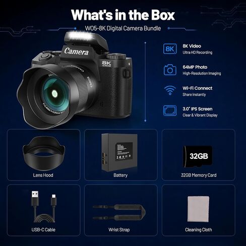 Cameras for Photography, 64MP Dual Lens Vlogging Camera & 32GB Card (Black) | 8K Digital Camera with 4" Touch Screen, LED Fill Light, 3000MAh Battery, Lens Hood, Hot Shoe & 32GB TF Card in Kuwait