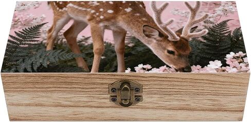 Deer Cherry Blossoms Wooden Storage Box with Hinged Lid for Photo | Wood Keepsake Box, Dustproof Storage Box, Decorative Treasure Chest, Memory Box for Crafts Coins Stamps Letters Jewelry in Kuwait