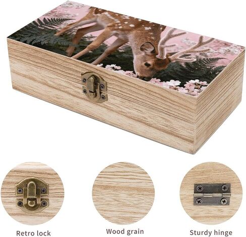 Deer Cherry Blossoms Wooden Storage Box with Hinged Lid for Photo | Wood Keepsake Box, Dustproof Storage Box, Decorative Treasure Chest, Memory Box for Crafts Coins Stamps Letters Jewelry in Kuwait