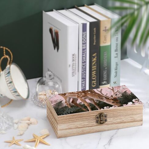 Deer Cherry Blossoms Wooden Storage Box with Hinged Lid for Photo | Wood Keepsake Box, Dustproof Storage Box, Decorative Treasure Chest, Memory Box for Crafts Coins Stamps Letters Jewelry in Kuwait